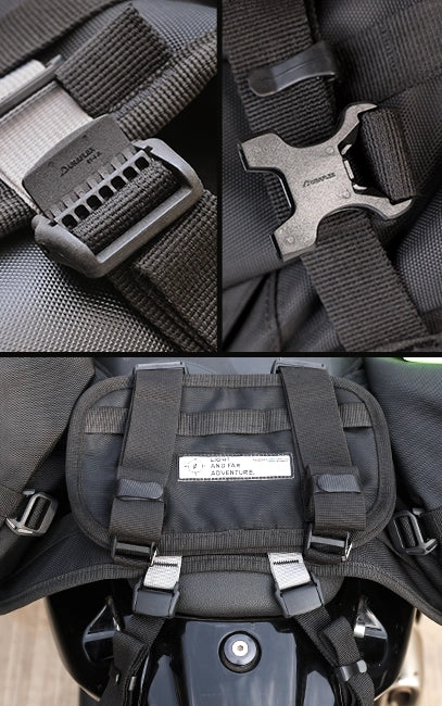 Genuine Duraflex Hardware Close-up of a black tactical harness with multiple straps and buckles.