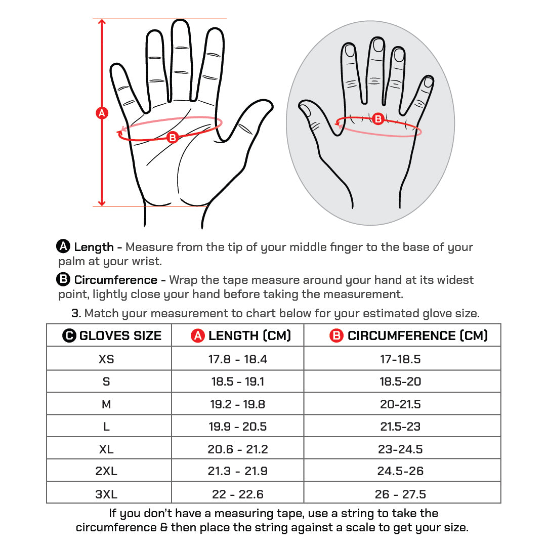 color_common Hand measurement chart for glove sizing with clear instructions and size chart.