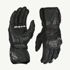 color_Black Pair of black motorcycle gloves with visible branding on a white background