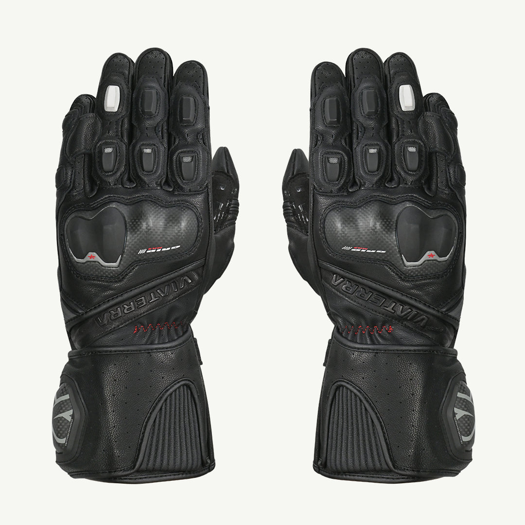 color_common Pair of black motorcycle gloves with visible branding on a white background