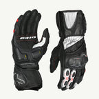 color_Red Pair of black motorcycle gloves with visible branding on a white background