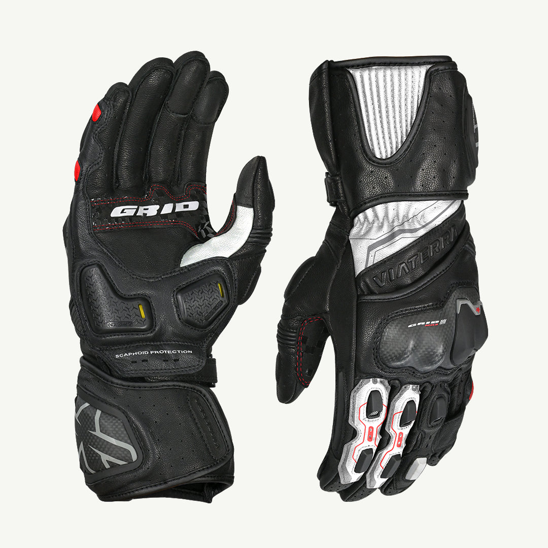 color_Red Pair of black motorcycle gloves with visible branding on a white background