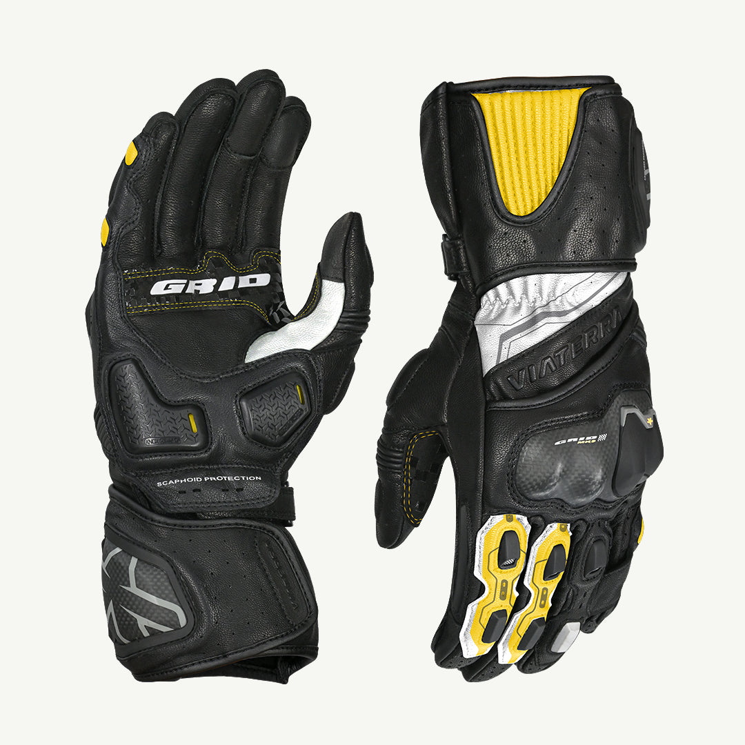 color_Yellow Black and yellow gloves with 'GRID' branding on a white background