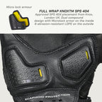 color_common Black protective glove with Knox branding and text about Micro lock armour and SPS 404, on a gray background.