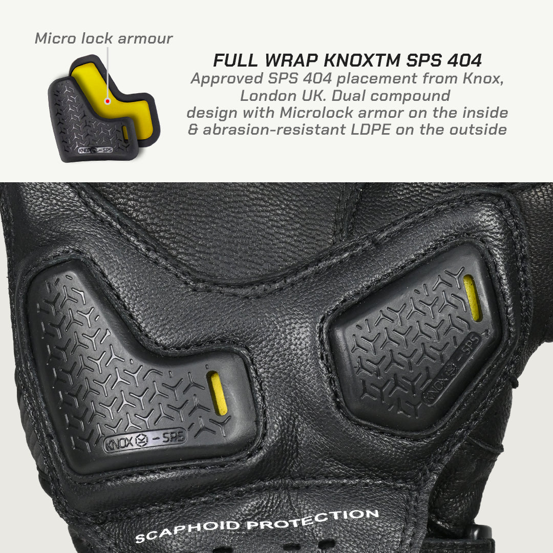 color_common Black protective glove with Knox branding and text about Micro lock armour and SPS 404, on a gray background.