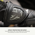 color_common Black wrist guard with carbon fiber pattern and EVA padding, featuring text on impact protection.