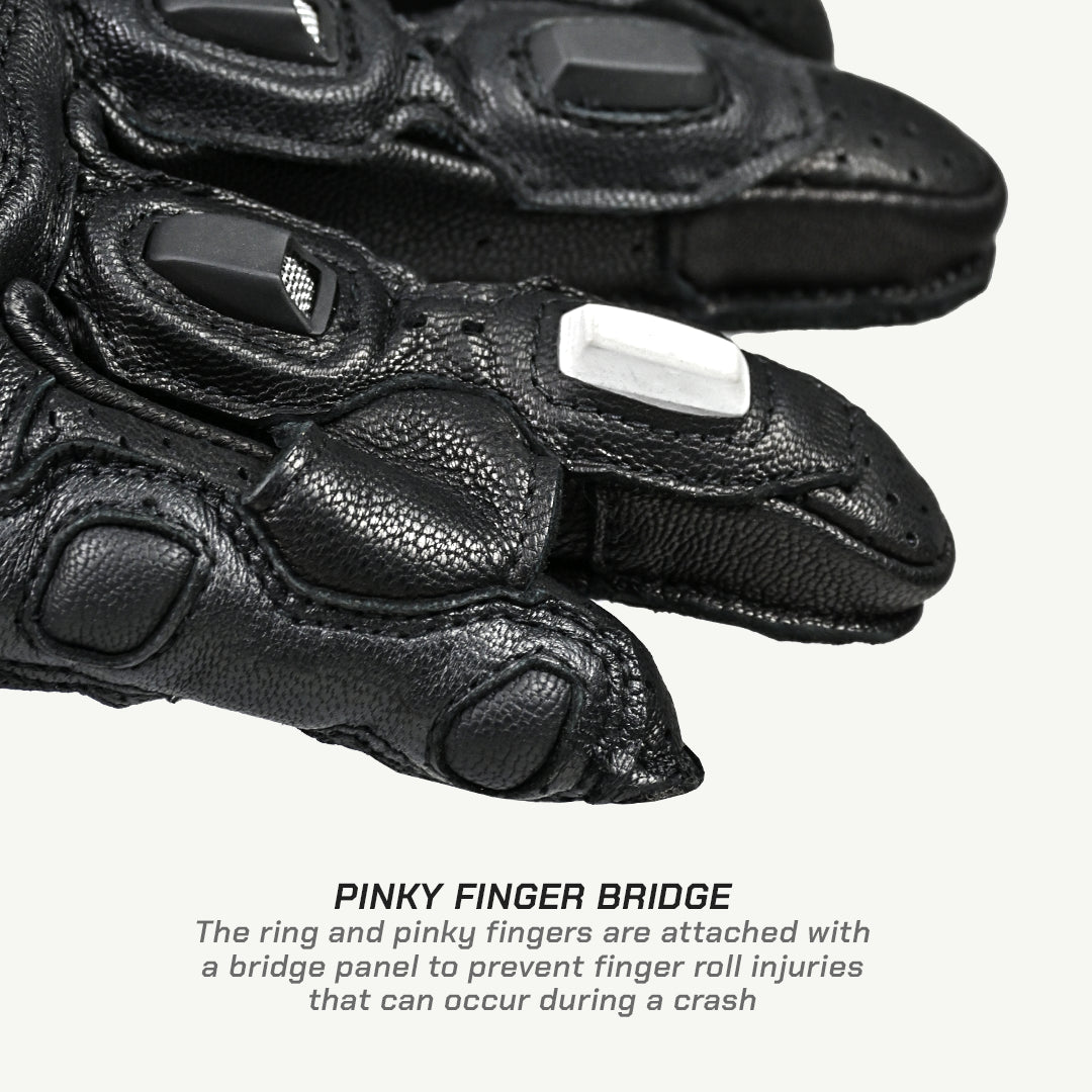 color_common Black motorcycle gloves with pinky finger bridge feature on a white background