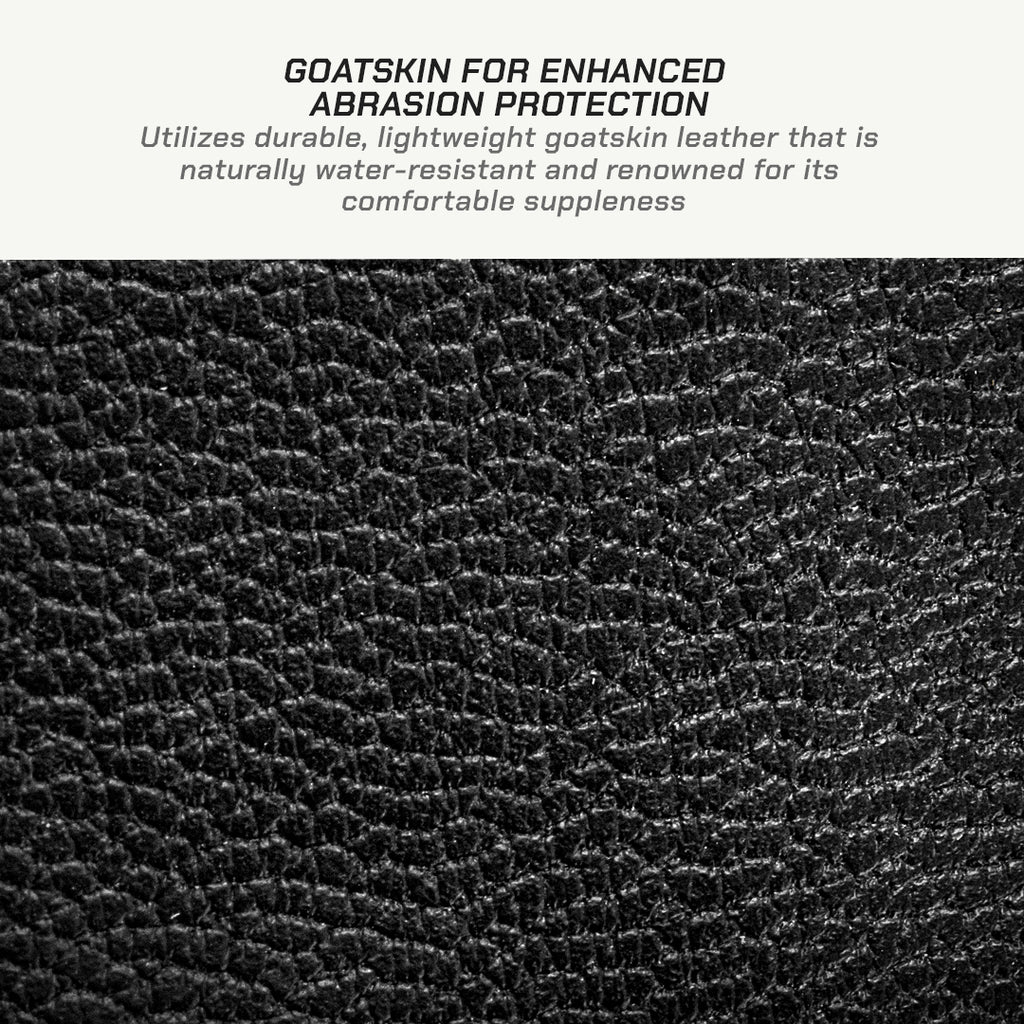 color_common Close-up of goatskin leather with text about its properties