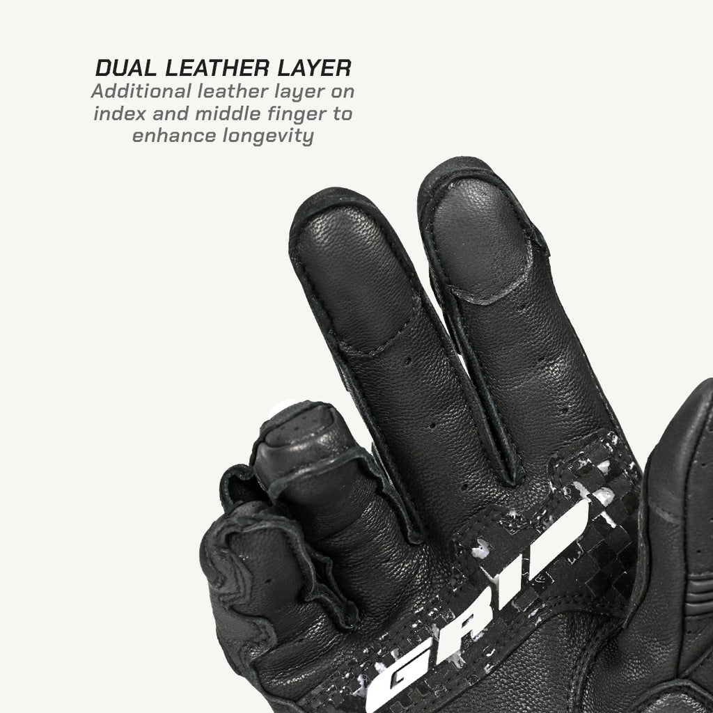 color_common Black glove with dual leather layer on index and middle finger, featuring the brand 'GRIP'.