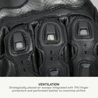 color_common Close-up of black motorcycle gloves with ventilation features and text describing their design.