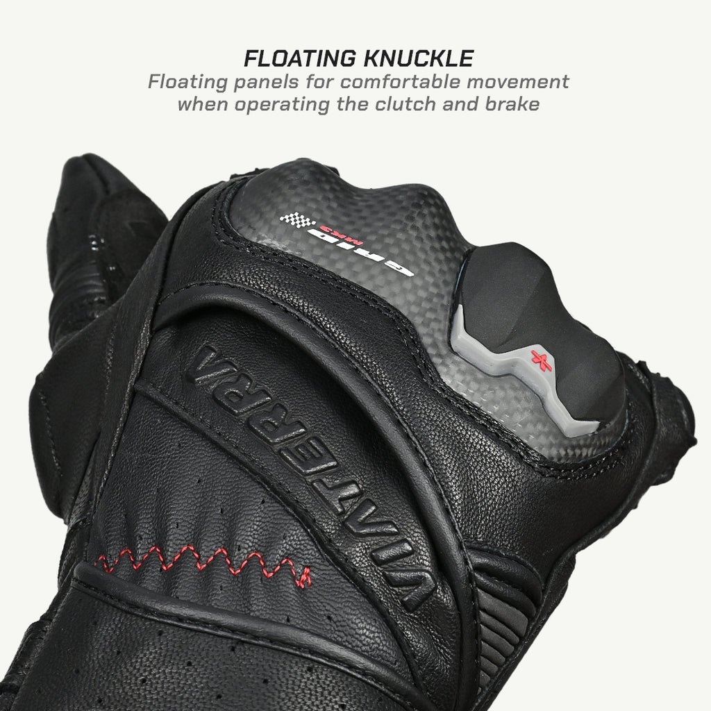 color_common Black motorcycle glove with 'Viper' branding, highlighting floating knuckle design.