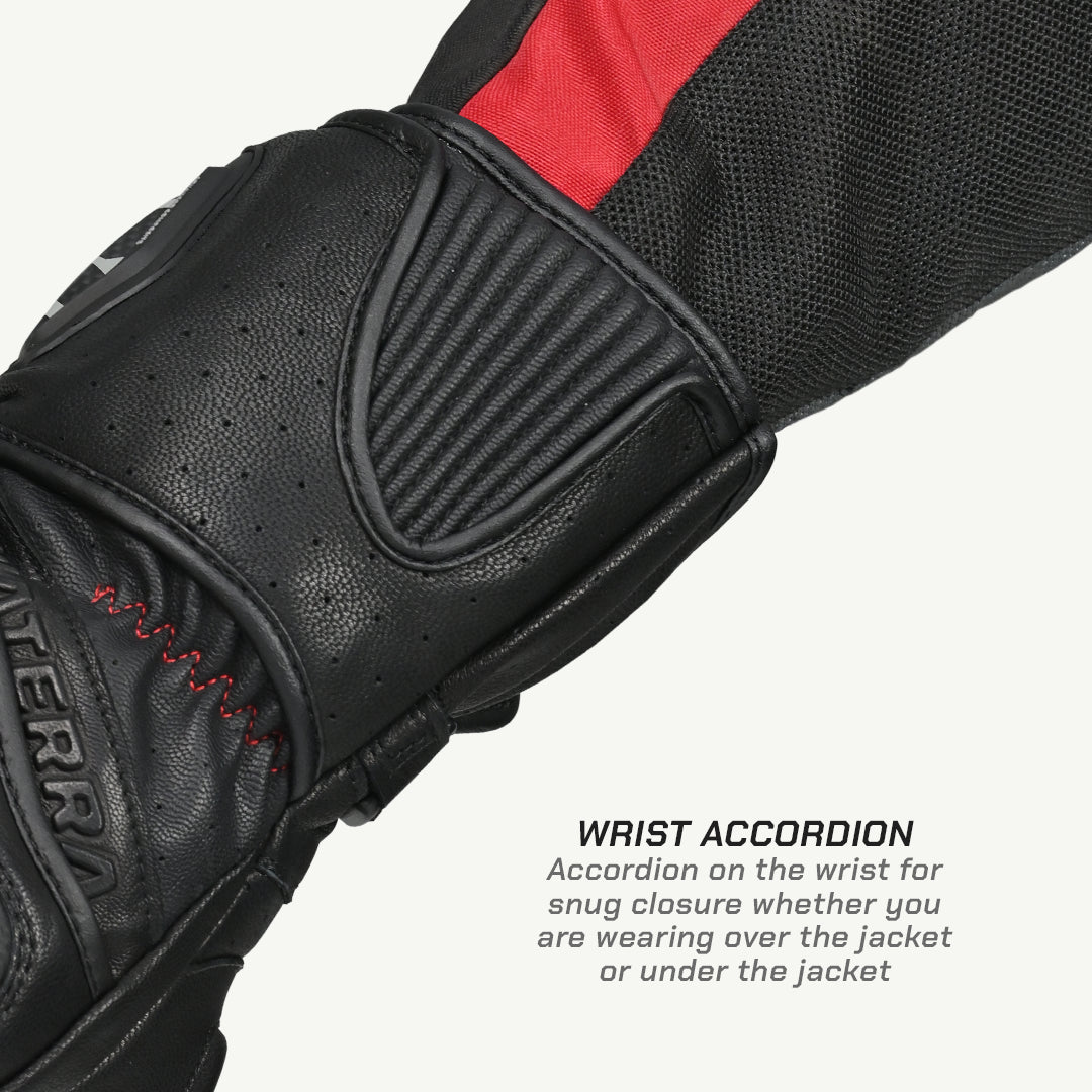 color_common Close-up of a black leather glove with red interior, showing wrist accordion feature.