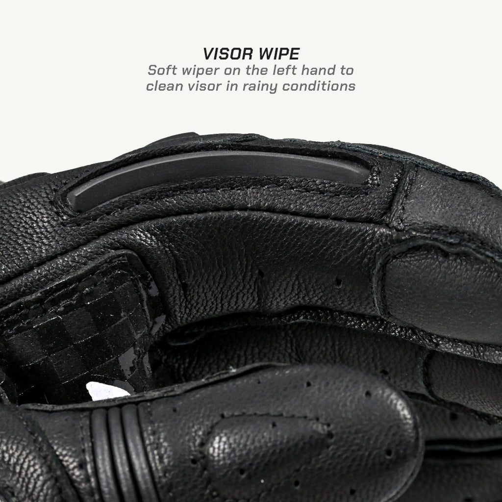 color_common Black motorcycle glove with visor wipe feature on a white background