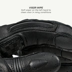 color_common Black motorcycle glove with visor wipe feature on a white background