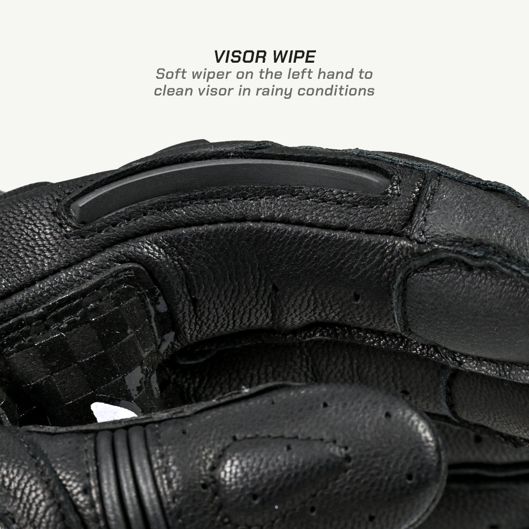 color_common Black motorcycle glove with visor wipe feature on a white background