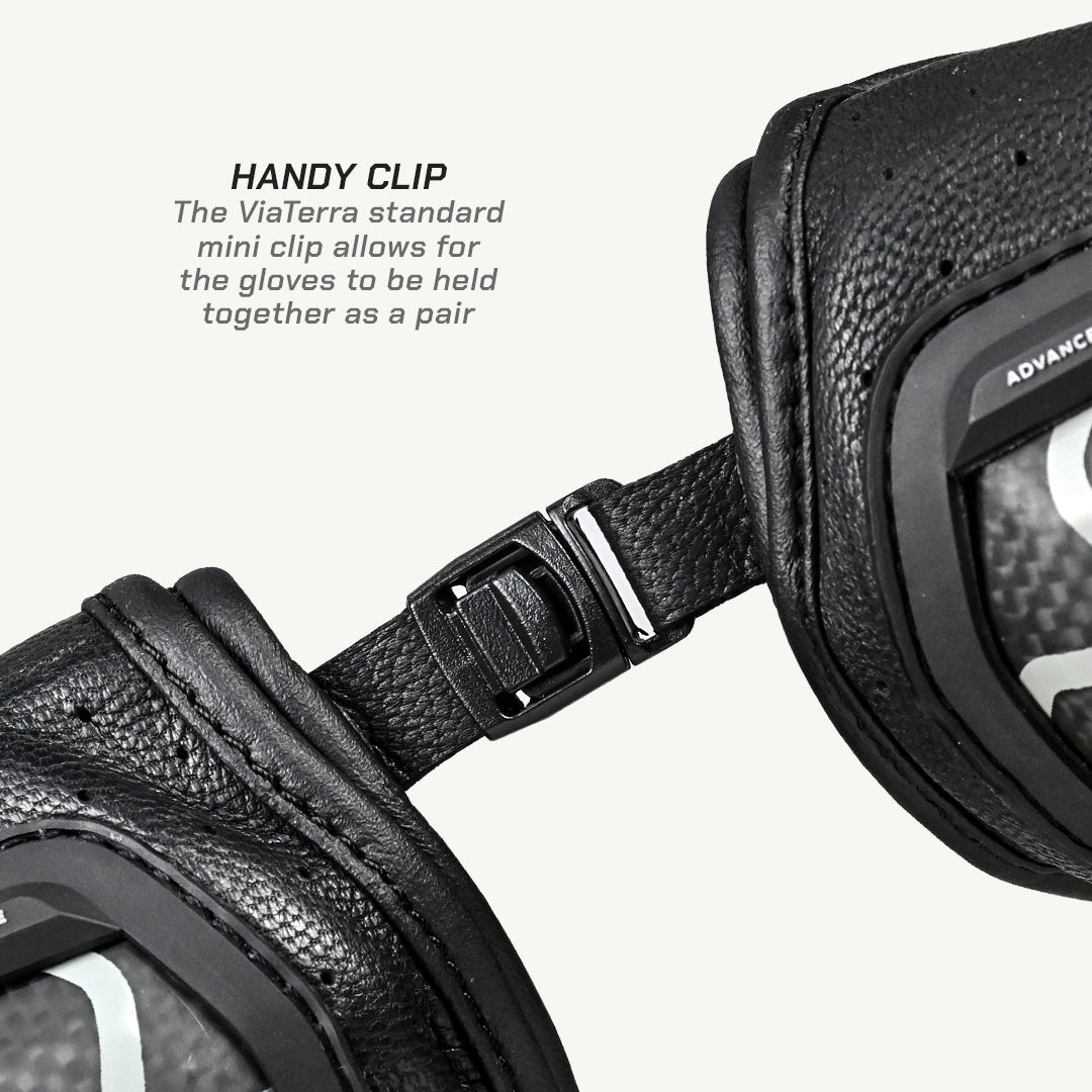 color_common Black leather gloves with a handy clip mechanism on a white background