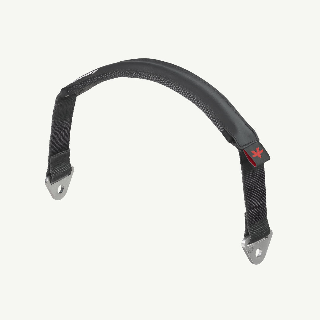 color_black A black padded motorcycle handlebar grip with silver metal mounting brackets and a small red logo tab, shown against a plain off-white background.