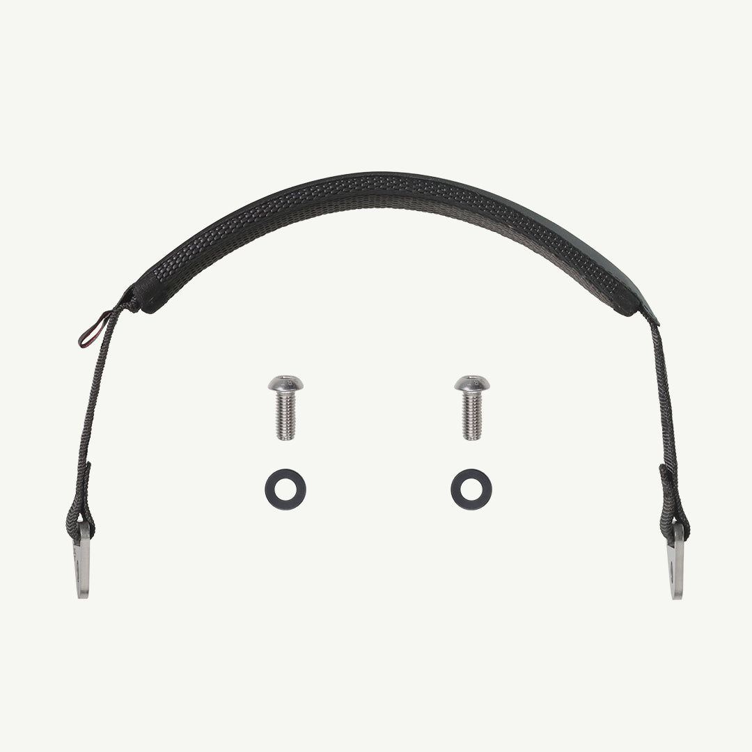 color_black A black padded headband with metal mounting hardware, including two silver screws, two black washers, and two small loops, displayed on a light off-white background.