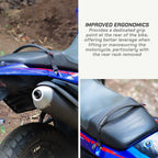 color_black A black motorcycle rear cargo rack strap shown attached to the seat of a blue and red motorcycle, with text on the right explaining improved ergonomics.