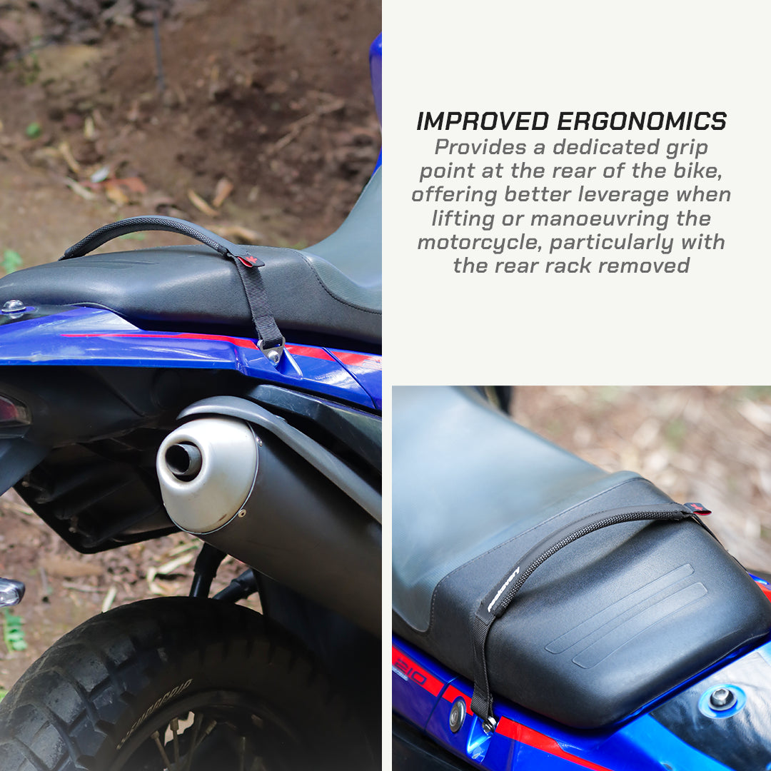 color_black A black motorcycle rear cargo rack strap shown attached to the seat of a blue and red motorcycle, with text on the right explaining improved ergonomics.