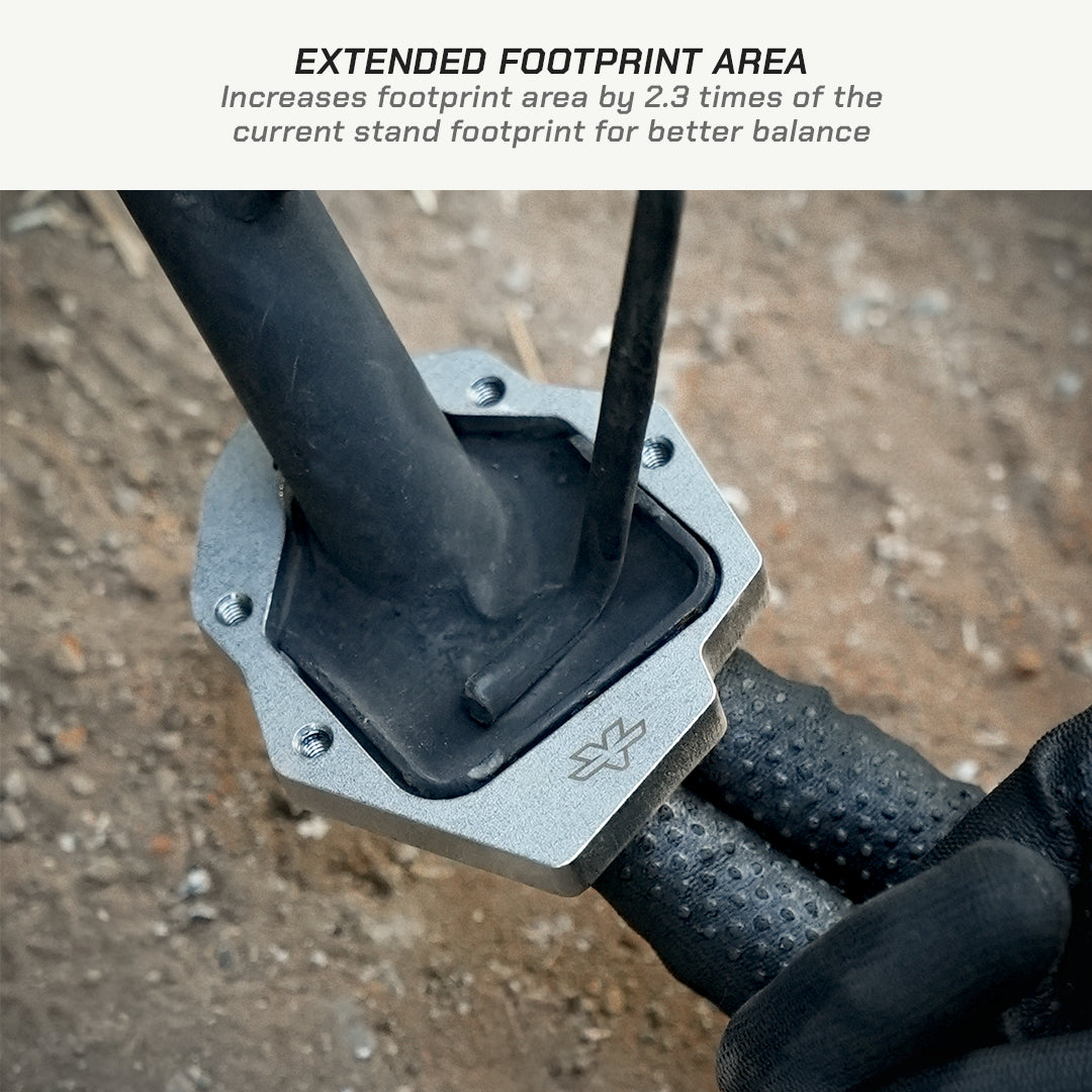 color_common Close-up of a motorcycle stand with extended footprint area feature text.