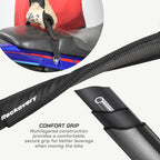 color_black Black Rackovary comfort grip handlebar tape shown in close-up with a circular inset demonstrating a hand gripping the tape on a bike seat area. Text on the image describes the multilayered comfort grip construction.