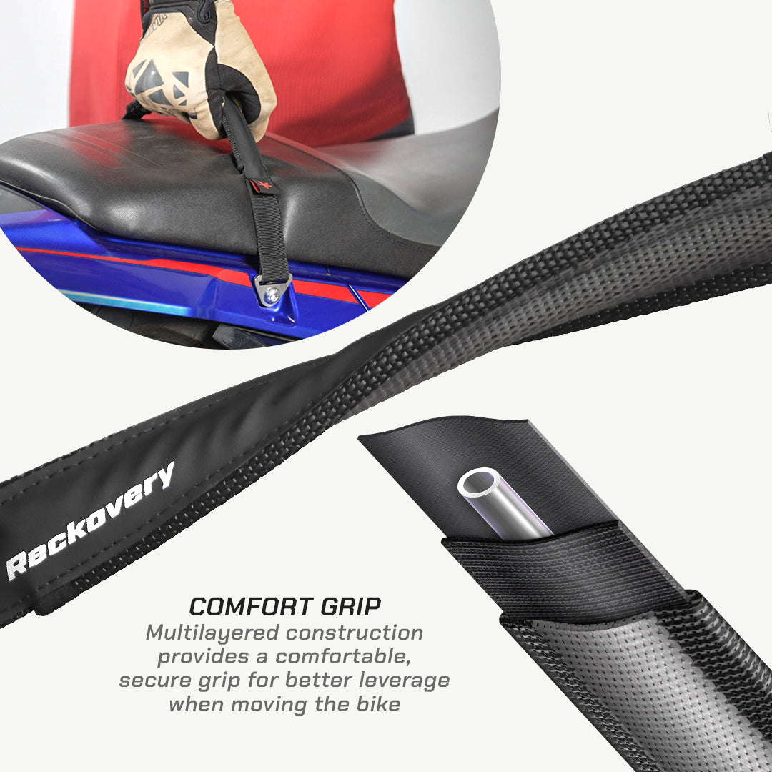 color_black Black Rackovary comfort grip handlebar tape shown in close-up with a circular inset demonstrating a hand gripping the tape on a bike seat area. Text on the image describes the multilayered comfort grip construction.