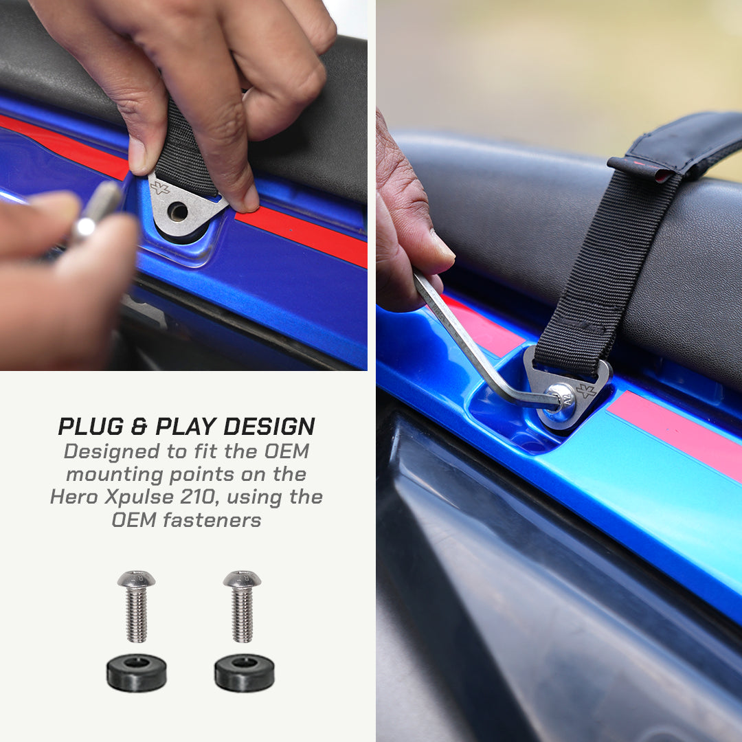 color_black A product demonstration collage showing a black strap accessory mounted onto a blue vehicle panel, with hands fastening it and a close-up of the strap attached. Text on the left explains the plug-and-play design for OEM mounting points, with two small mounting screws shown below.