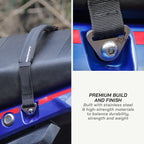 color_black A black Recovery motorcycle seat belt strap shown attached to a blue motorcycle, with a close-up of the metal buckle and text reading 'PREMIUM BUILD AND FINISH'.