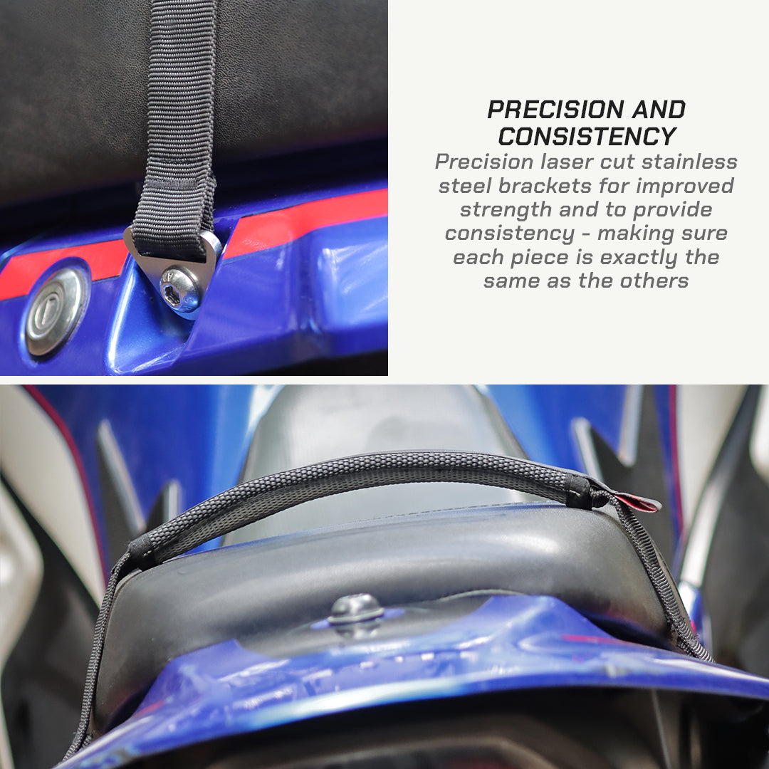 color_black Close-up of a black woven strap attached to a blue vehicle with stainless steel brackets, plus text reading 'PRECISION AND CONSISTENCY' explaining laser-cut metal hardware.