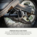 color_common Close-up of a motorcycle foot peg with text about premium build quality.