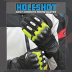 color_common Black riding gloves with green accents on a blurred background, featuring the brand 'Holeshot'.