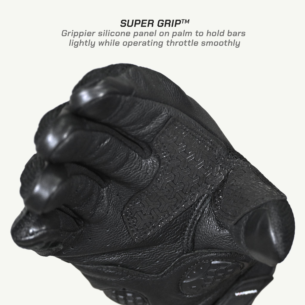 color_common Black motorcycle glove with super grip feature on a white background