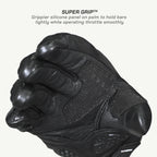 color_common Black motorcycle glove with super grip feature on a white background