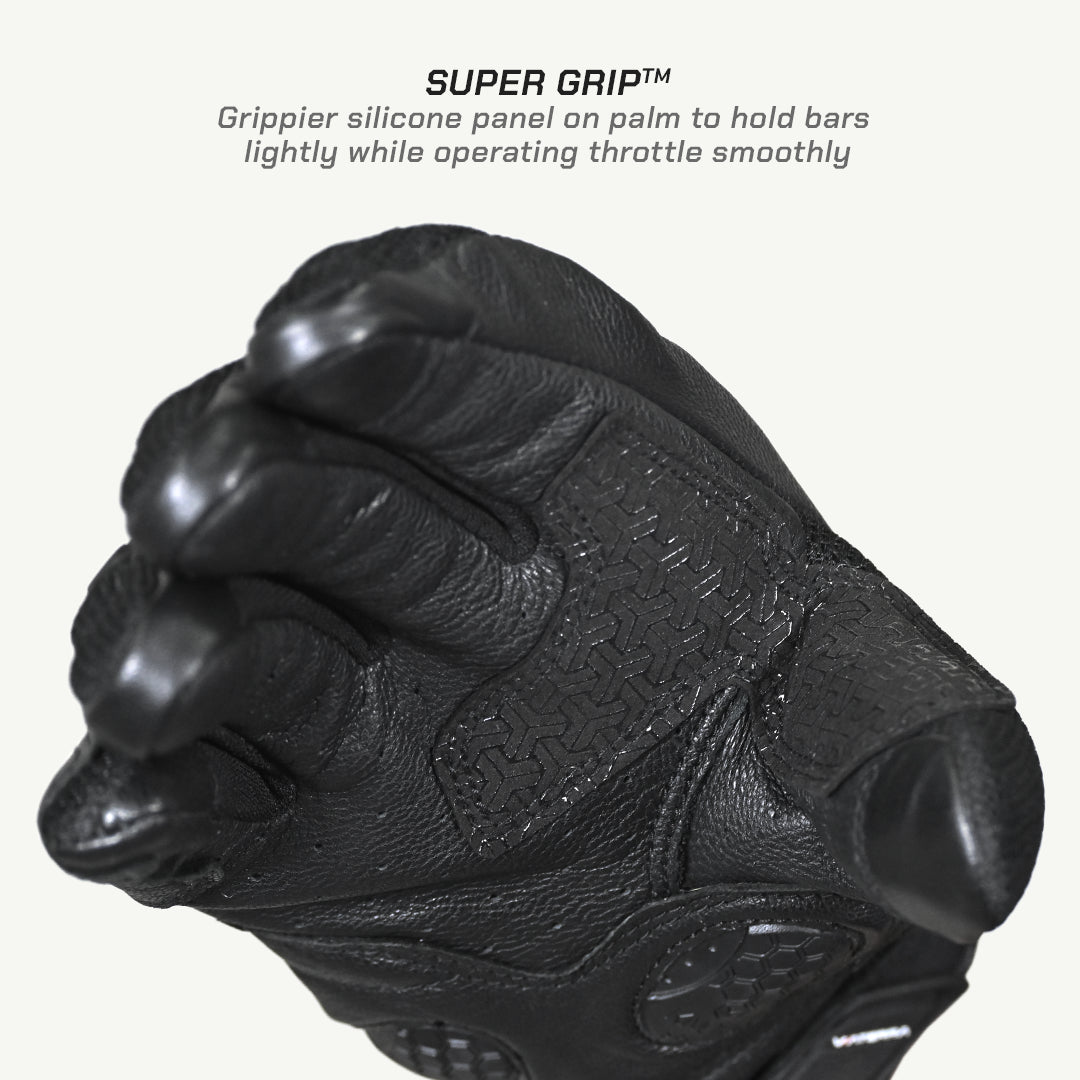 color_common Black motorcycle glove with super grip feature on a white background