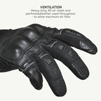 color_common Black motorcycle glove with text highlighting ventilation features on a white background