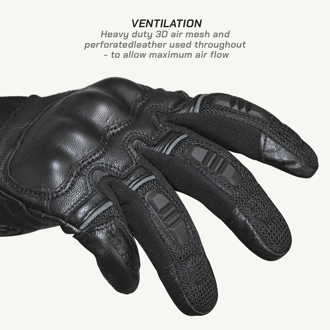 color_common Black motorcycle glove with text highlighting ventilation features on a white background