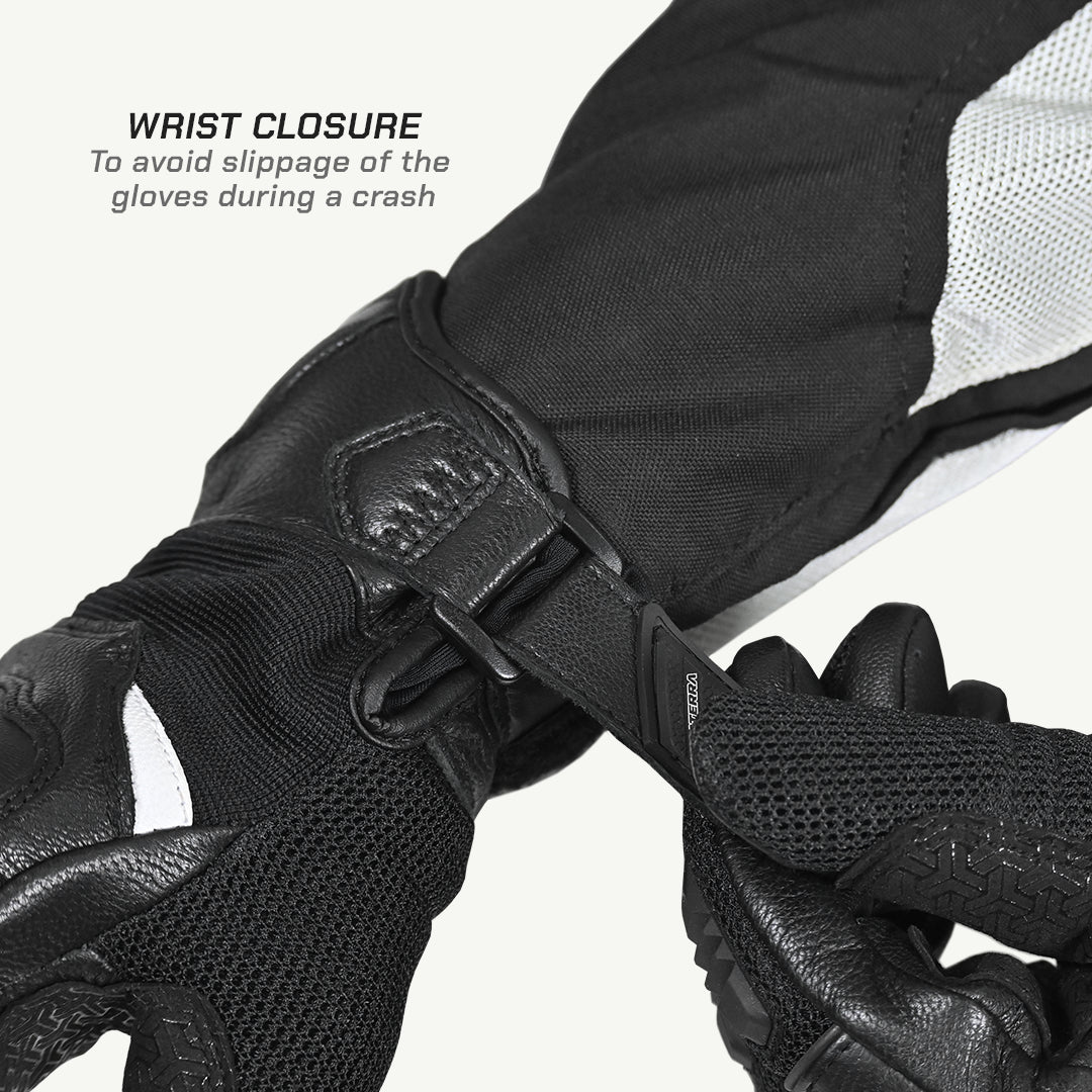 color_common Black motorcycle gloves with wrist closure feature on a white background