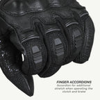 color_common Close-up of black motorcycle gloves with text explaining finger accordions.