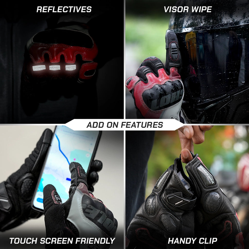 color_common Motorcycle gloves with reflective elements, visor wipe, touch screen functionality, and handy clip features.