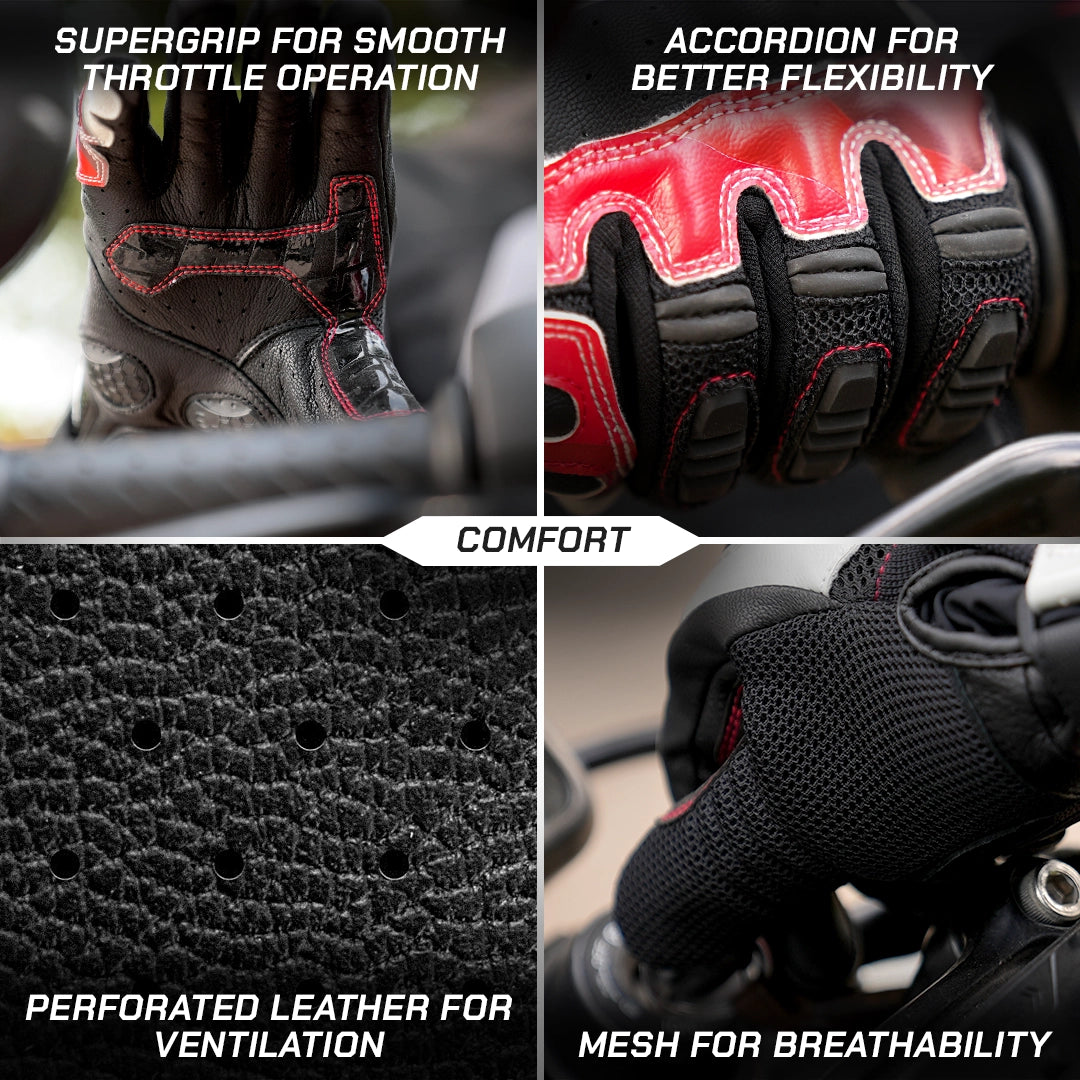 color_common Motorcycle glove features with text highlighting supergrip, accordion, comfort, perforated leather, and mesh.