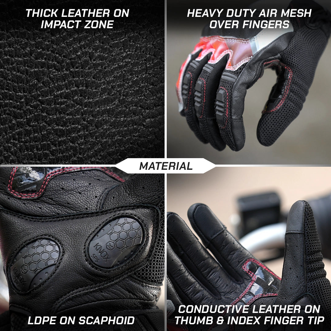 color_common Collage of motorcycle gloves with features highlighted on a black background