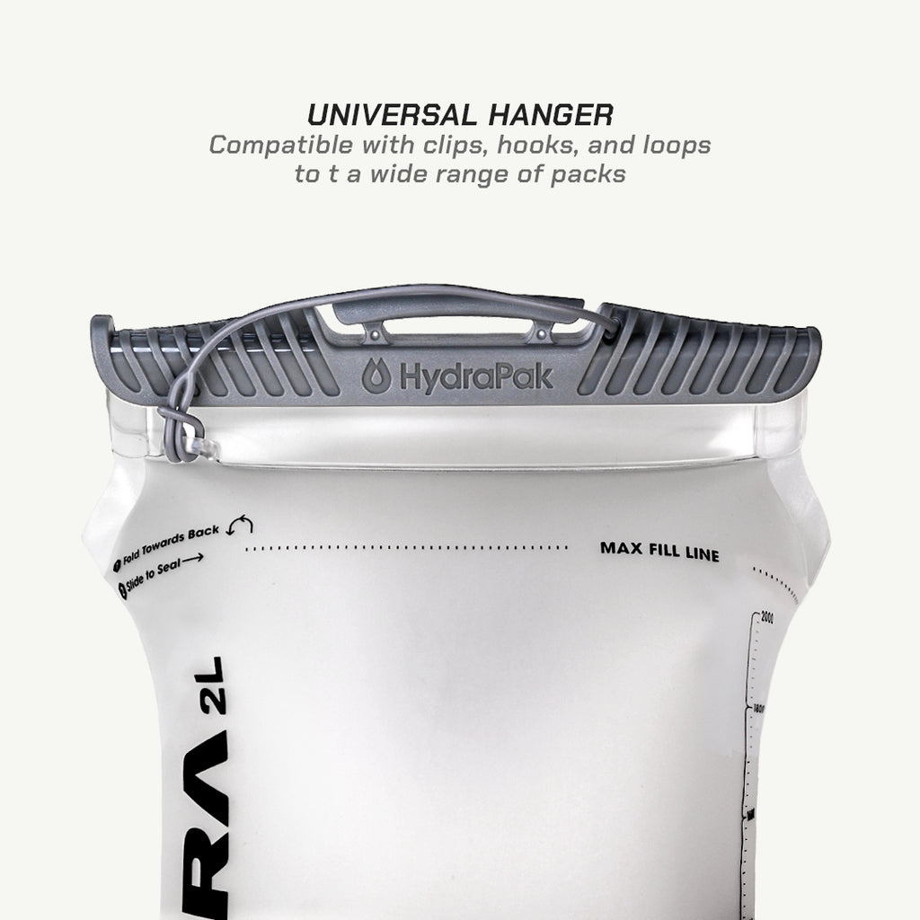 HydraPok RA 2L water bottle bag in white with a gray universal hanger handle, shown against a light off-white background with descriptive text at the top.