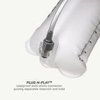 Close-up of a white inflatable reservoir with a clear tube connected via a gray and transparent plug-n-play connector, on a light gray background with product text below.