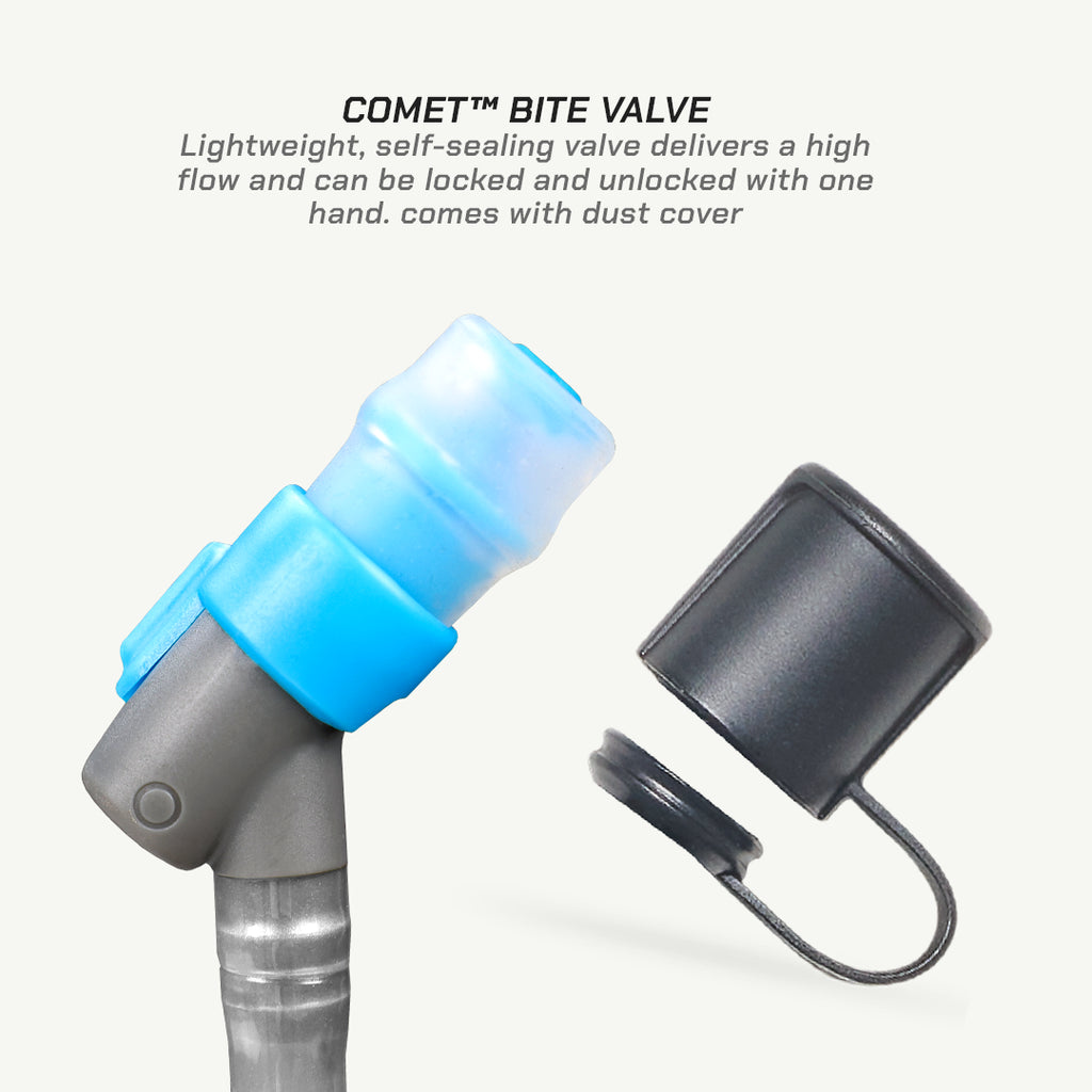 A close-up product shot of a water filter component labeled 'COMET BITE VALVE,' showing a translucent blue and gray valve assembly with a separate black cap and small metal clip on a light gray background.