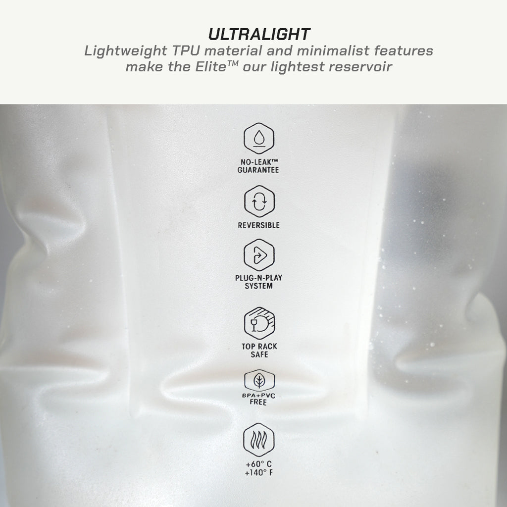 Close-up of a white reservoir bag with printed feature icons and text highlighting lightweight TPU material and minimalist features such as no leak guarantee, reversible design, plug-in play system, top rack safety, and heat resistance.