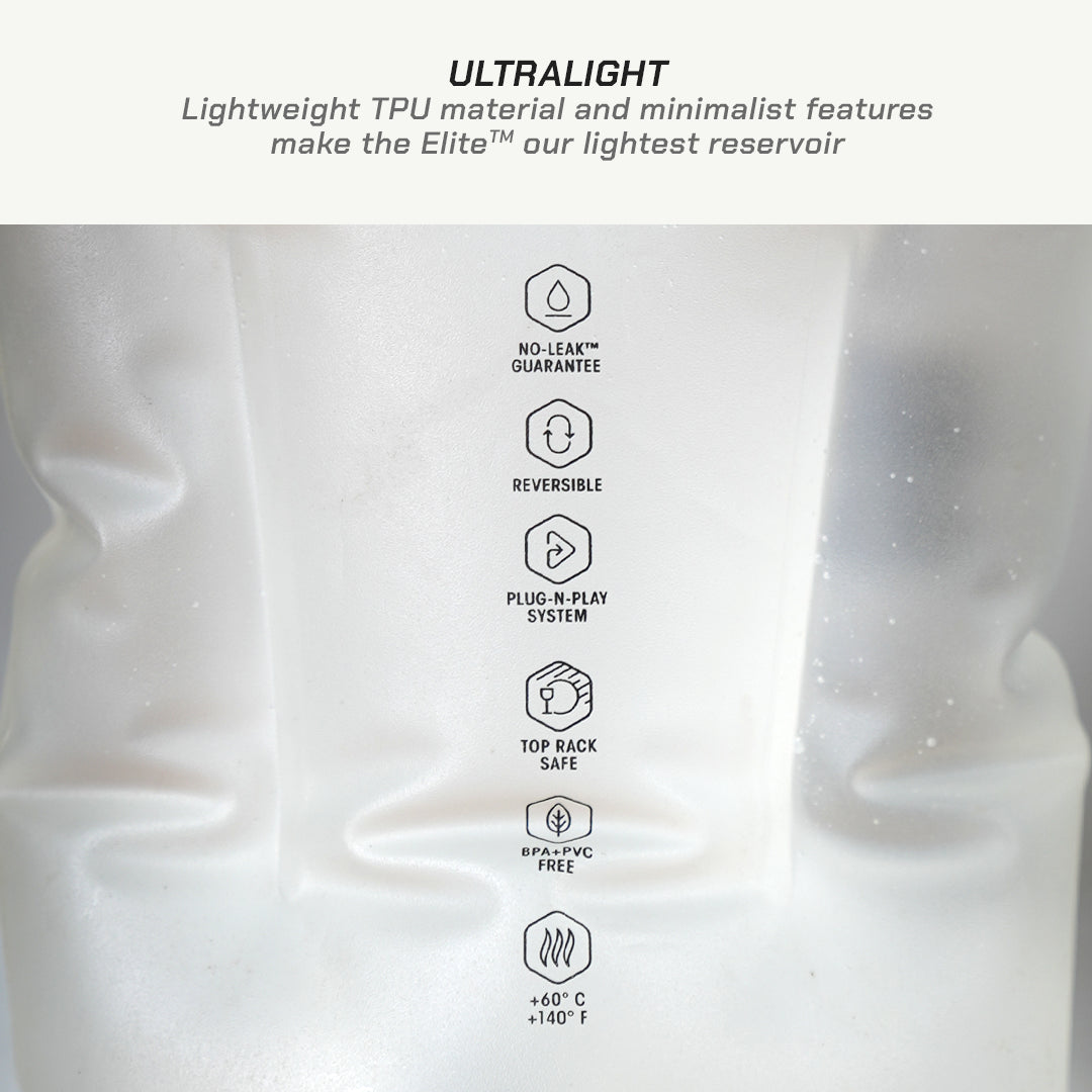 Close-up of a white reservoir bag with printed feature icons and text highlighting lightweight TPU material and minimalist features such as no leak guarantee, reversible design, plug-in play system, top rack safety, and heat resistance.