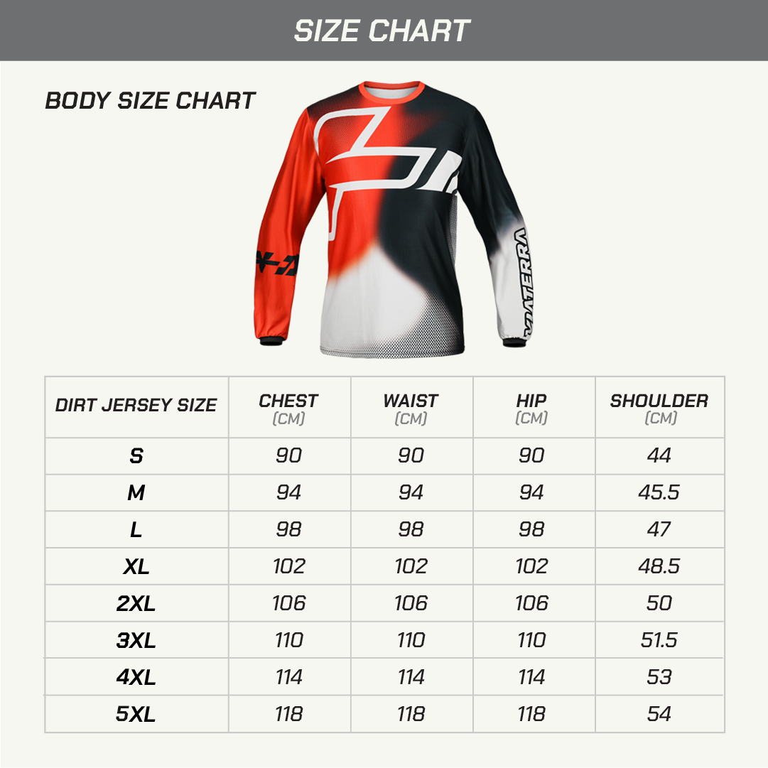 Size chart for a dirt jersey with measurements in centimeters.