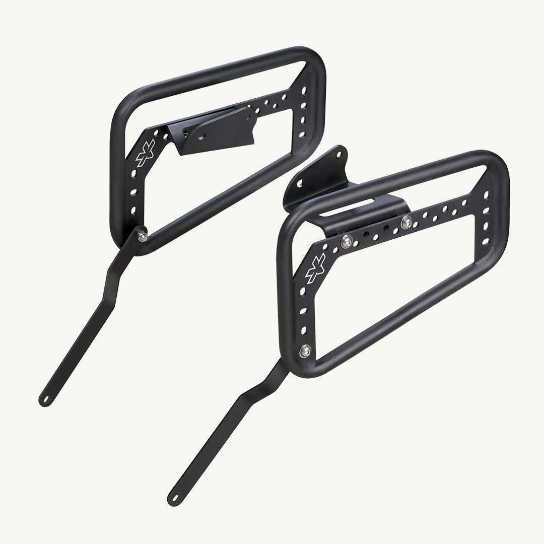 Saddlebag Rack - KTM Enduro 390 Two black metal bike racks on a white background