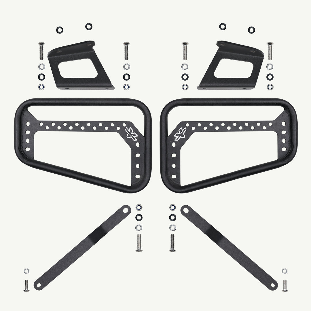 Saddlebag Rack - KTM Enduro 390 Set of black metal brackets and fasteners on a white background